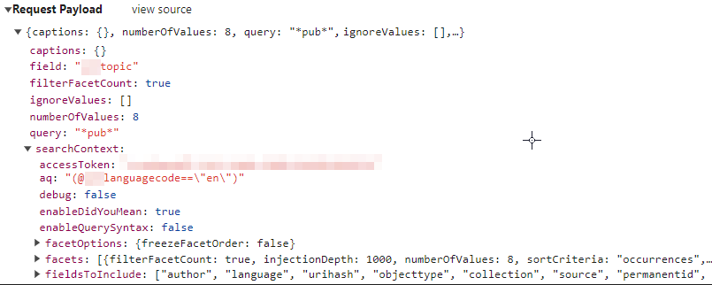 The searchContext object in the request payload now has the language code as a query property in Coveo Atomic