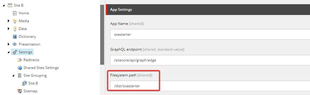 Update settings item for both sites in Sitecore XM Cloud
