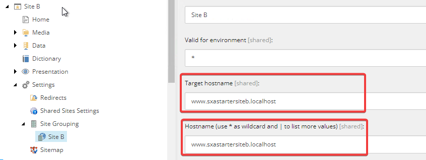 Update the Site Grouping for both Site A and Site B’s Target Hostname and Hostname in Sitecore XM Cloud