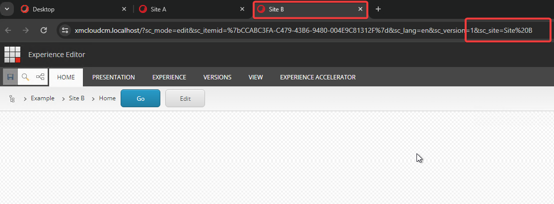 Same test for the Home item under Site B in Sitecore XM Cloud