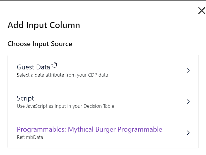 Popup window showing options for adding an input column in a decision model: Guest Data, Script, and Programmables.