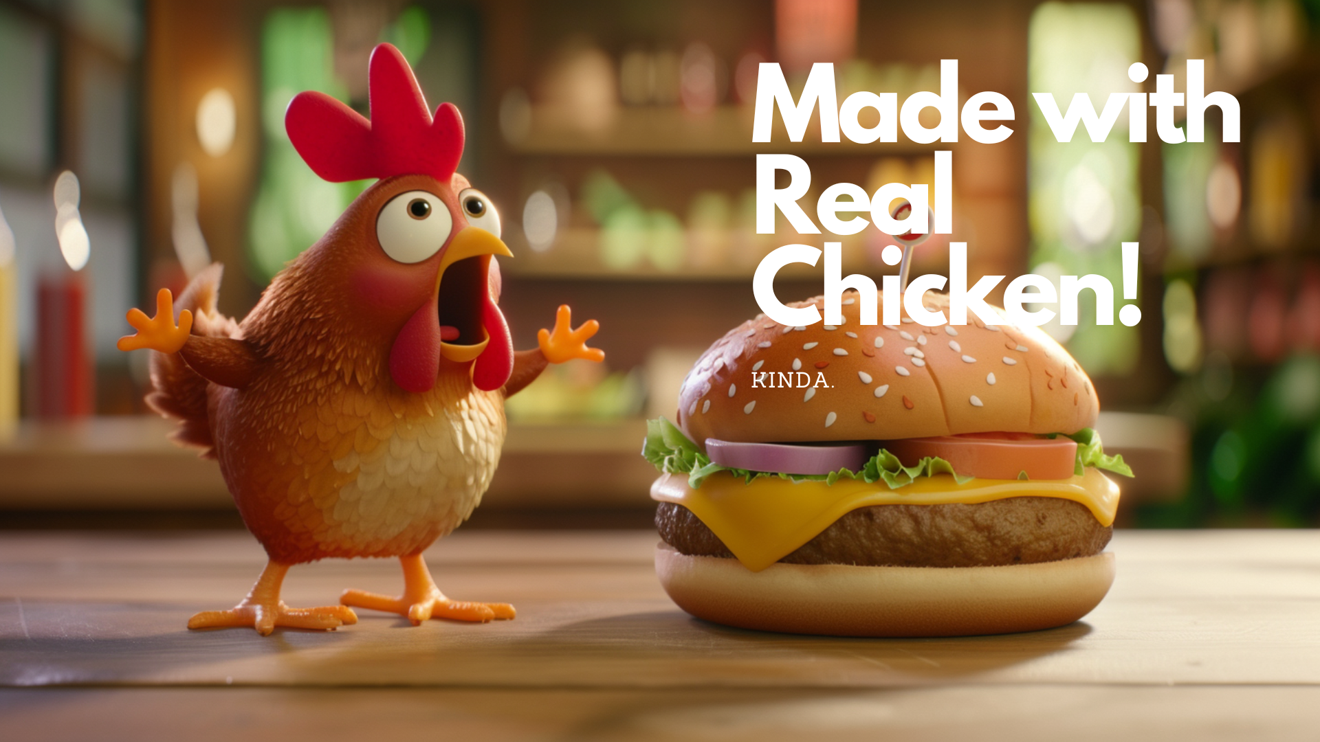 Promotional banner featuring an animated chicken next to a burger, with text 'Made with Real Chicken! Kinda.'