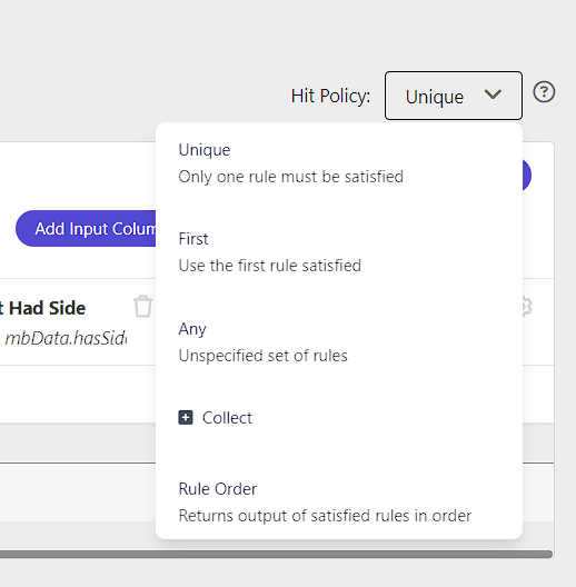 Dropdown menu for selecting a hit policy in a decision model with options like 'Unique', 'First', 'Any', and 'Collect'.