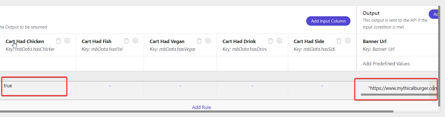 Decision table with a rule showing 'true' for 'Cart Had Chicken' and a banner URL output.