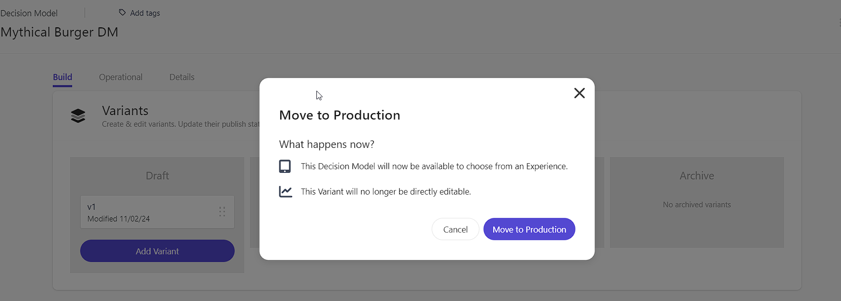 Popup window with the title 'Move to Production' explaining the effects of the action on the decision model.