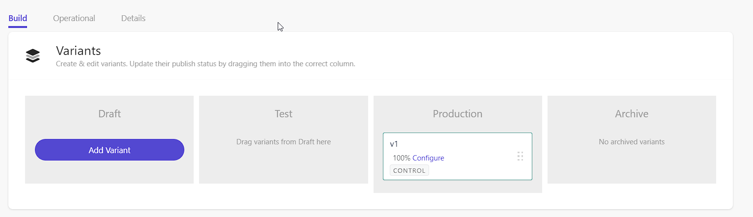 Decision model interface showing a variant 'v1' ready to move from 'Draft' to 'Production'.