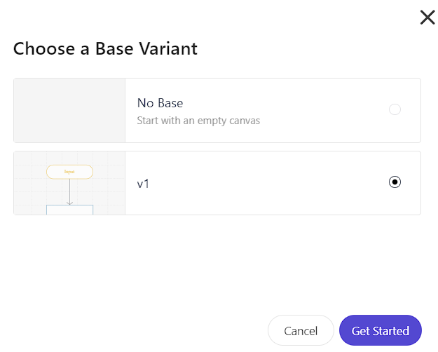 Popup window for selecting a base variant for a decision model with options 'No Base' and 'v1'.
