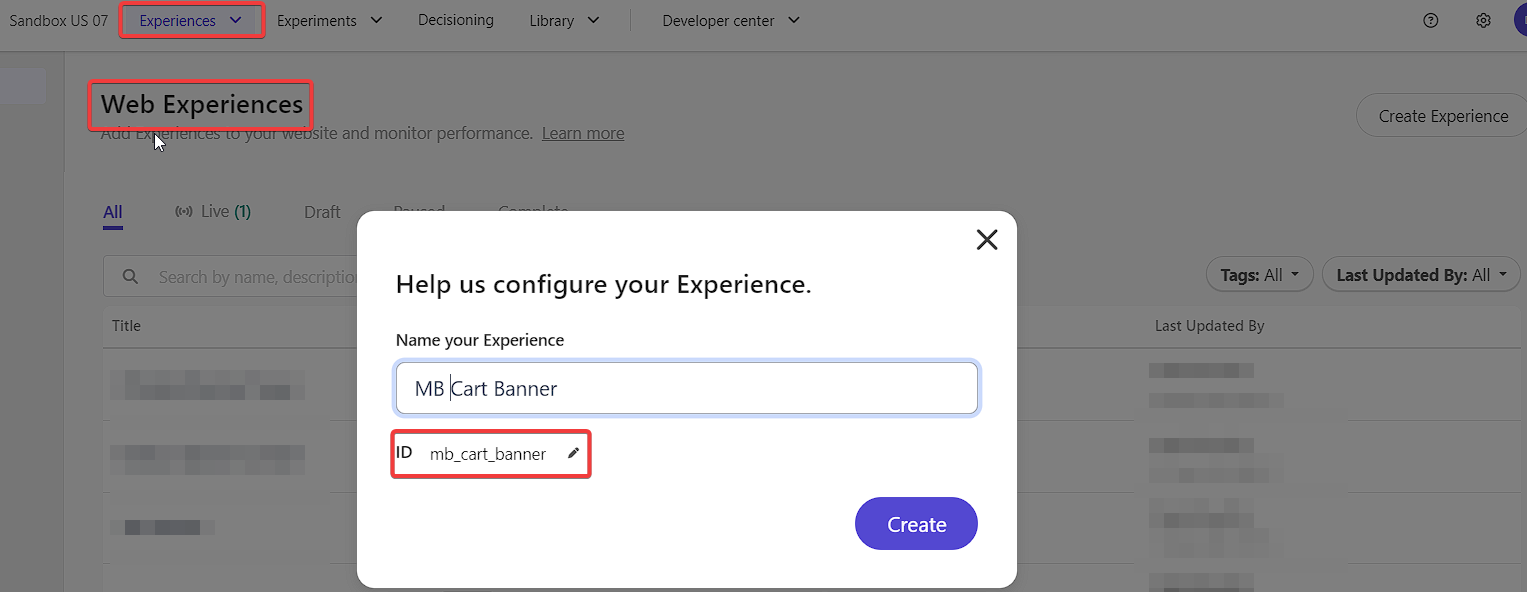 Popup for naming a new web experience, with fields for experience name and ID.