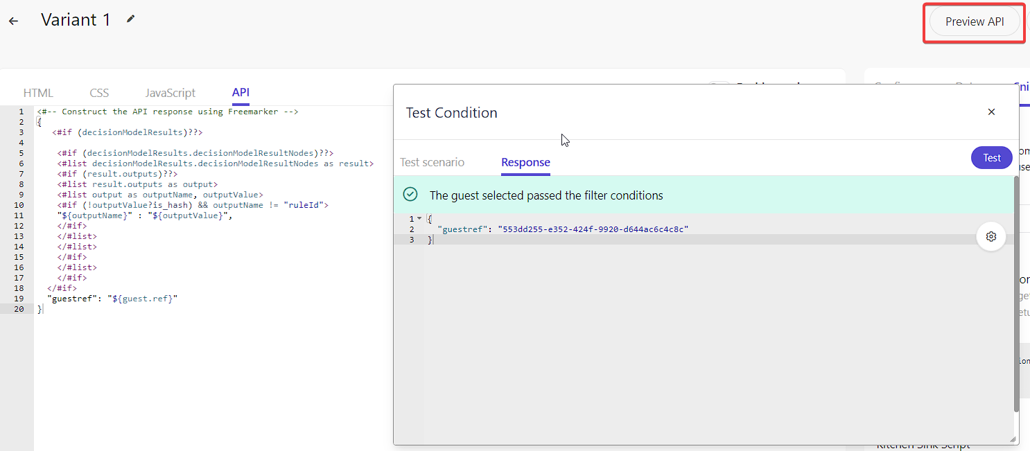 Screen showing API code construction for a variant with a test condition and a 'Preview API' button.