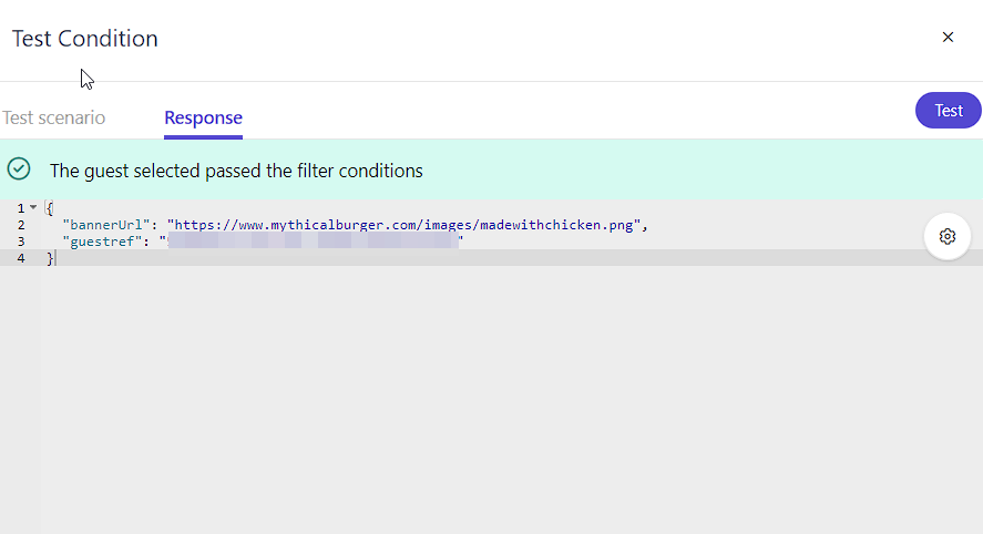 Test condition interface with JSON output for a banner URL and guest reference.