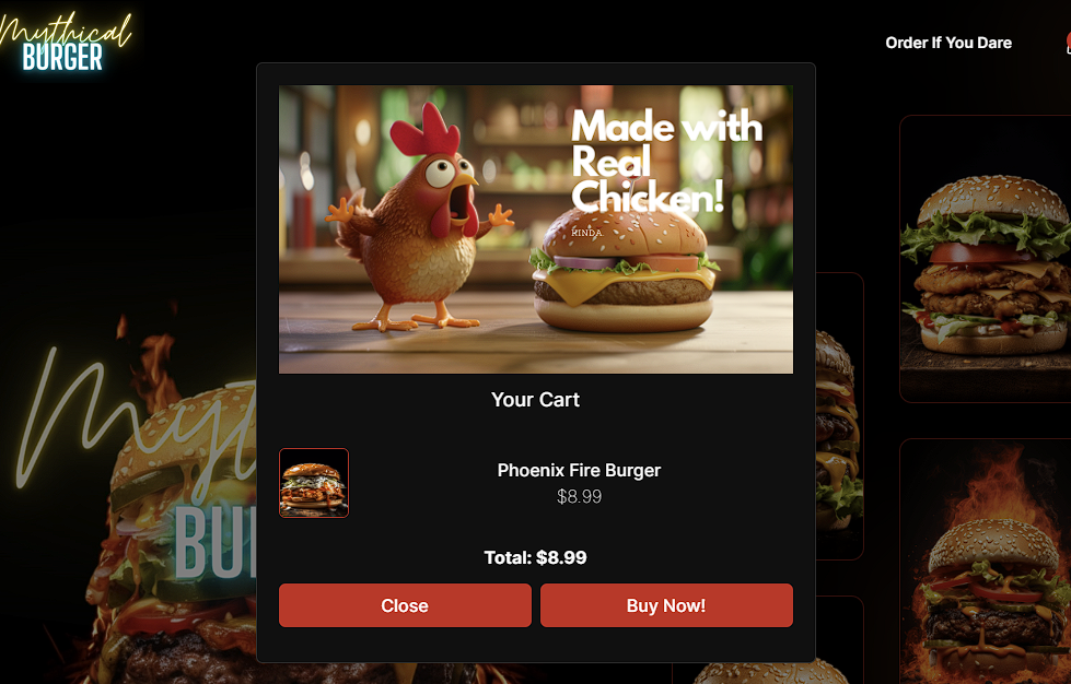 A shopping cart interface showing an animated chicken and a promotional banner for 'Made with Real Chicken! Kinda.'