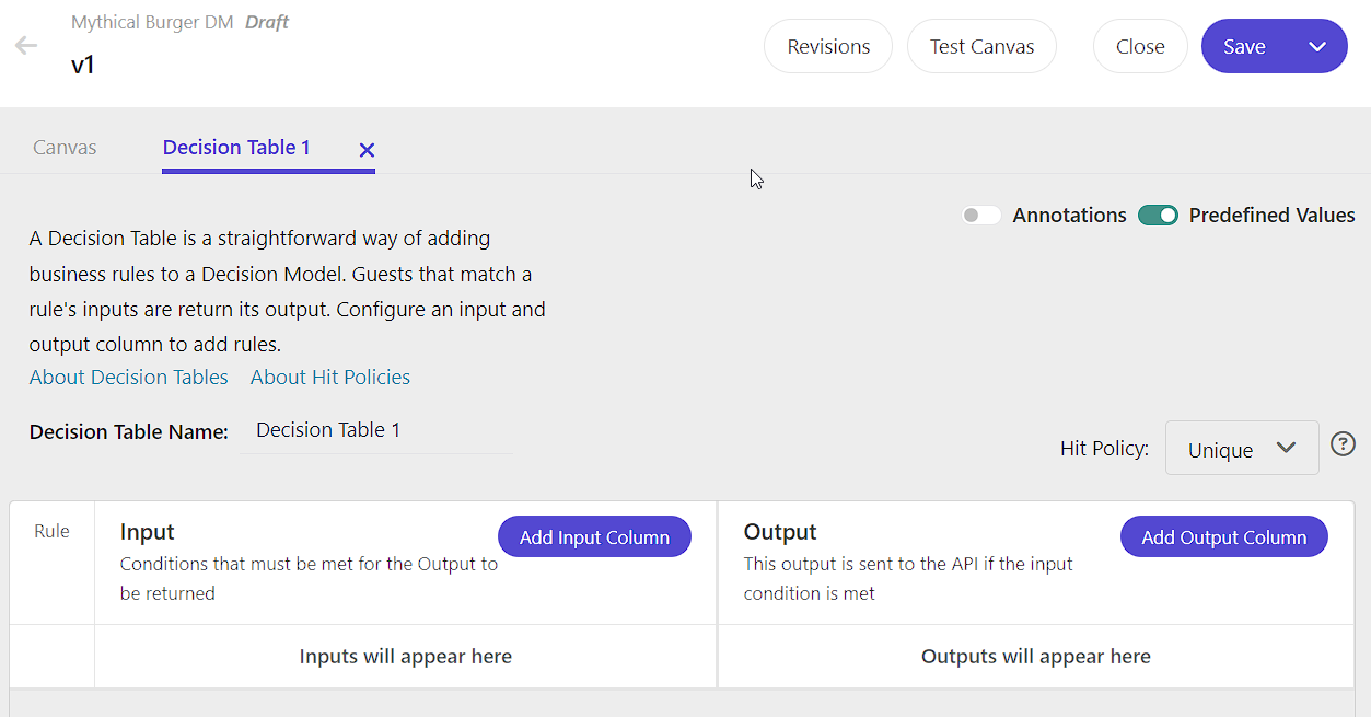 Decision table interface with options to add input and output columns for creating business rules.