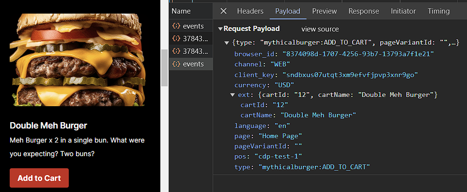 A screenshot of a web developer tool's network tab displaying an XHR request payload. The data shows an event type 'mythicalburger:ADD_TO_CART' with various parameters including a browser ID, client key, currency set to 'USD', and extension data that includes 'cartId: "12"' and 'cartName: "Double Meh Burger"'. The burger image on the webpage is a tall stack with multiple beef patties and cheese slices labeled 'Double Meh Burger' with a description 'Meh Burger x 2 in a single bun. What were you expecting? Two buns?' and a button labeled 'Add to Cart'.