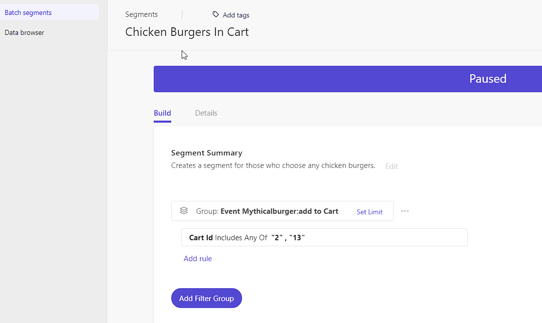 A screenshot of a Sitecore Customer Data Platform interface showing the creation of a segment titled 'Chicken Burgers In Cart'. The segment builder interface includes a rule stating 'Cart Id Includes Any Of "2", "13"', suggesting a focus on cart items related to chicken burgers.
