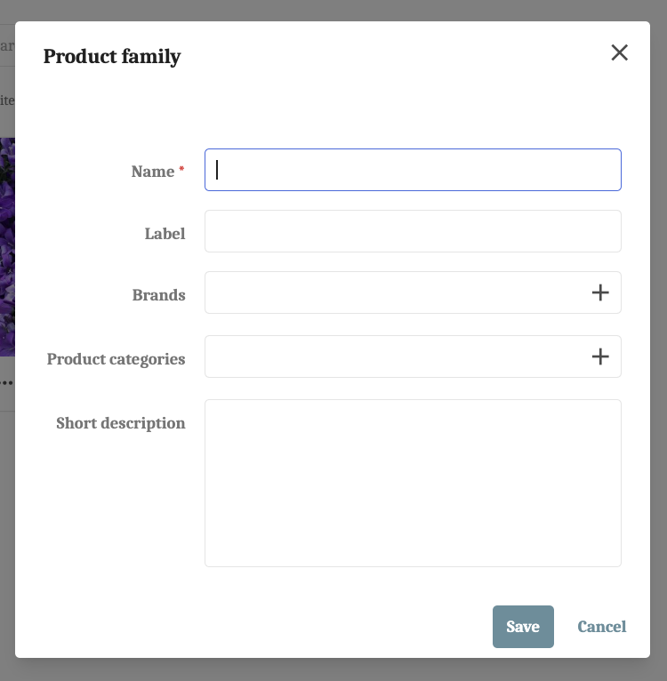 Screenshot of the Create Product Family Modal in Sitecore PCM