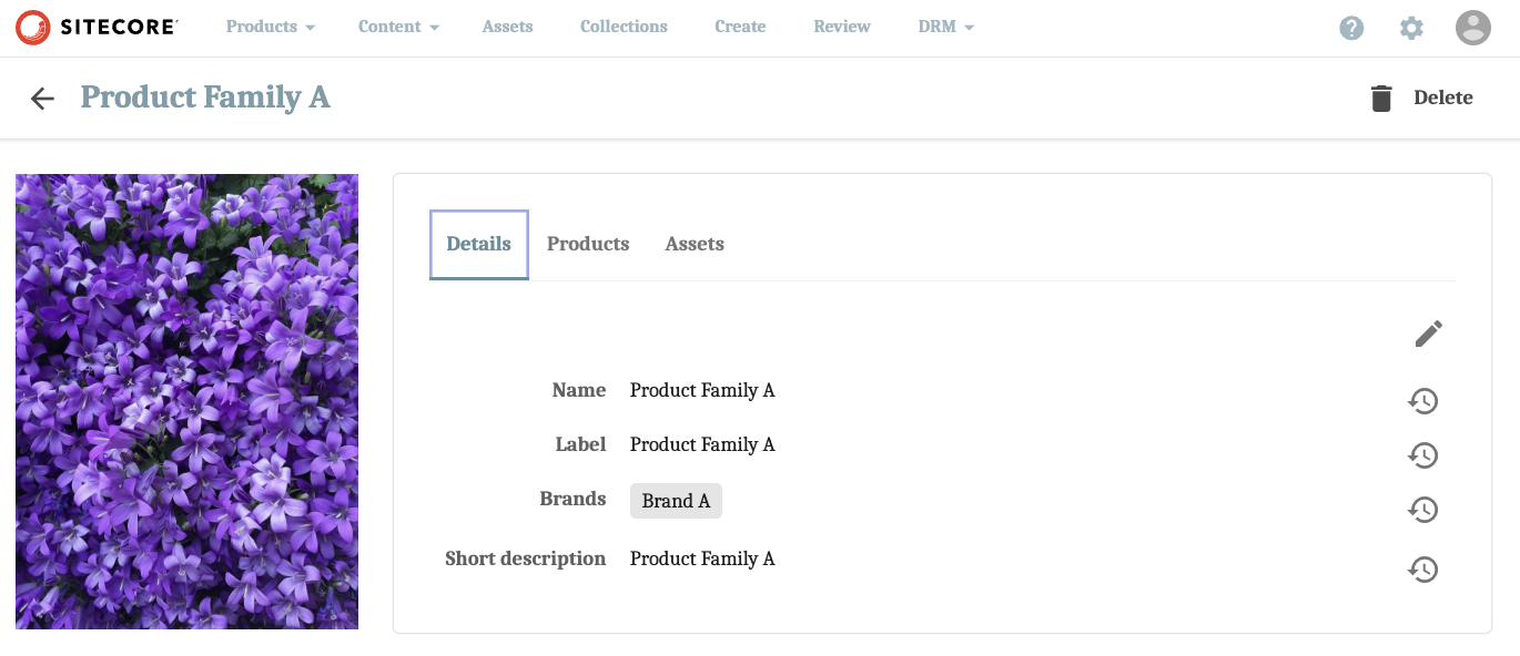 Screenshot of the Product Family Details Page in Sitecore PCM