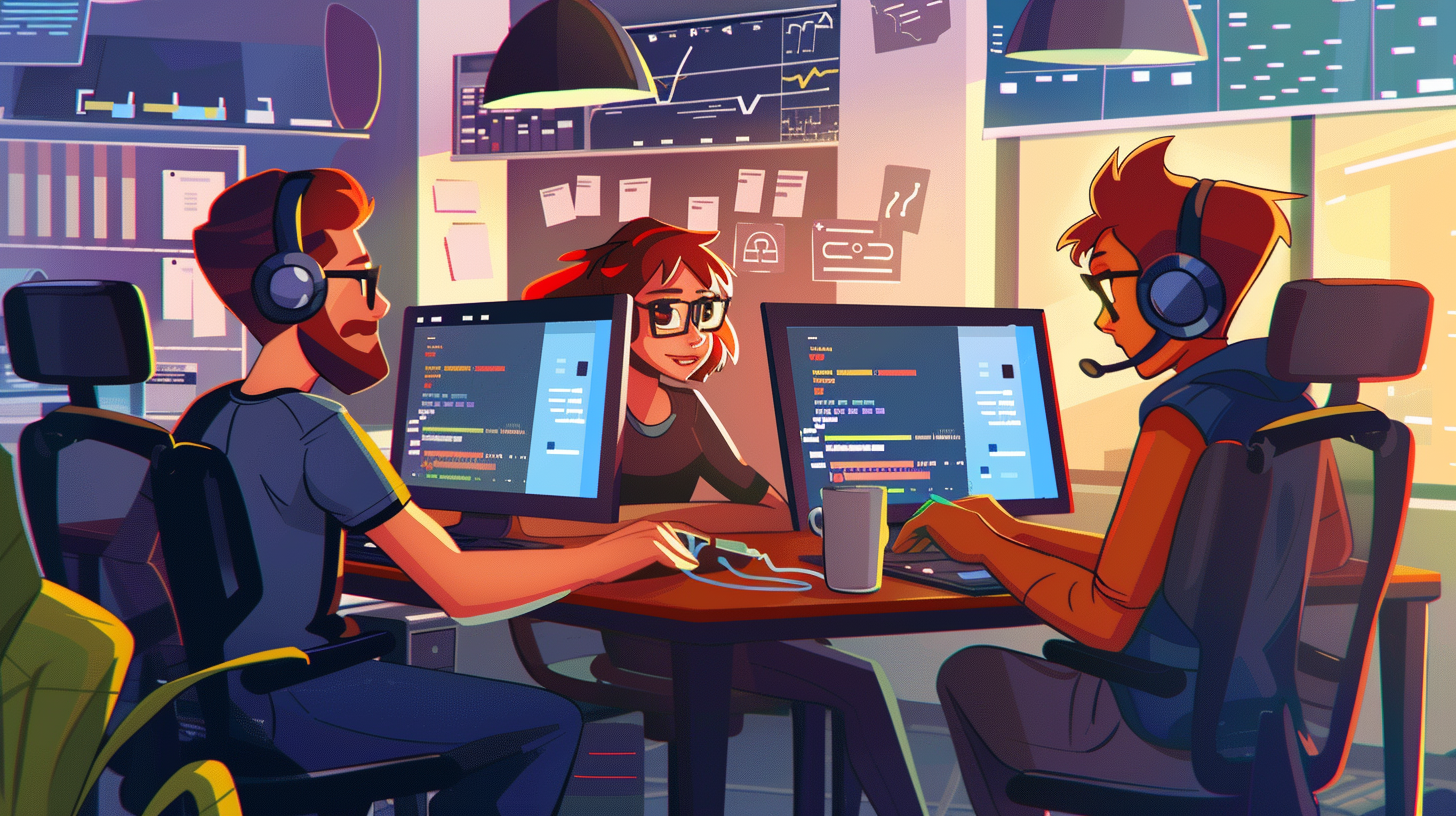 Three animated individuals working on computers in a brightly lit office.