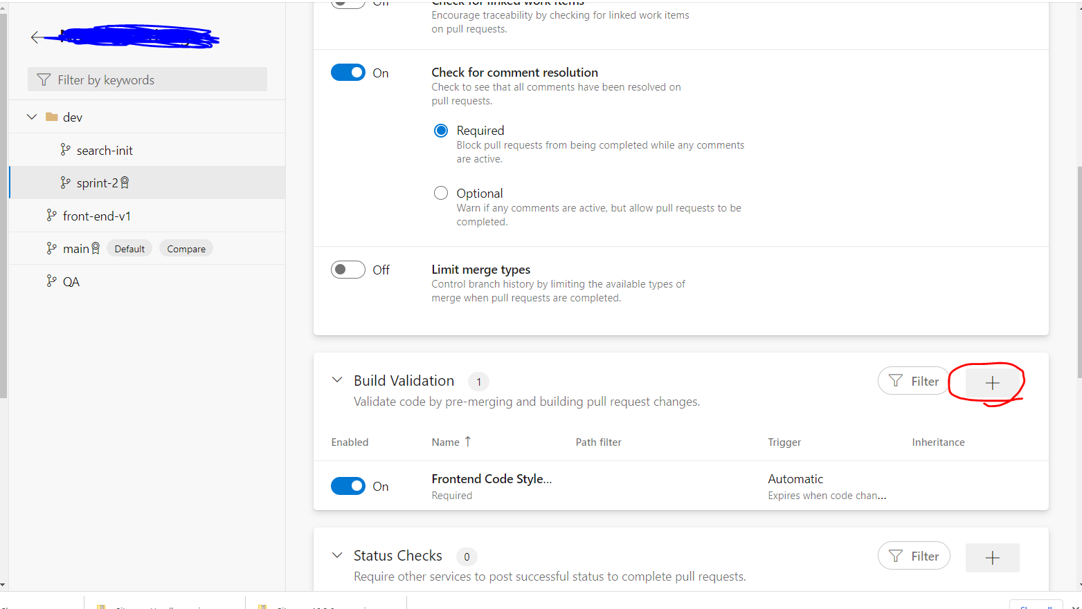 Scroll down to 'Build Validation' and click on the + sign in Azure DevOps.