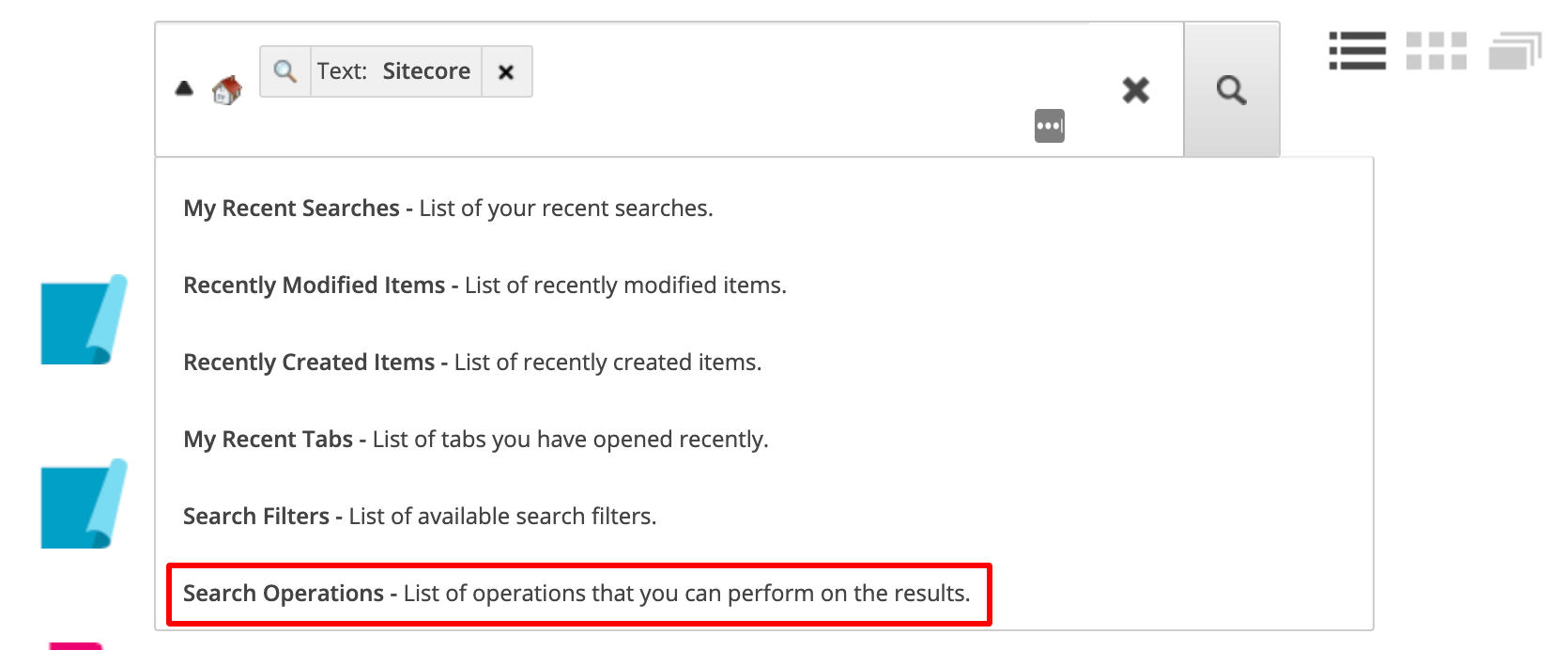 Click search operations in the Sitecore search dropdown