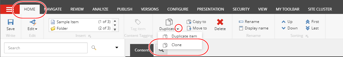 Click Duplicate to find the Clone function in Sitecore