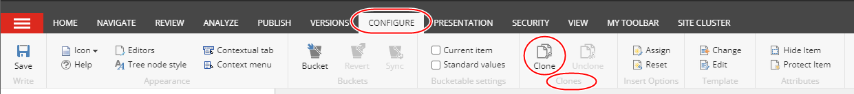 Click the Configure tab to find the Clone function in Sitecore