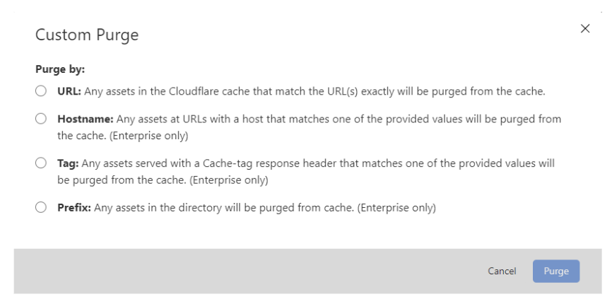 Screenshot of custom purge options in Cloudflare