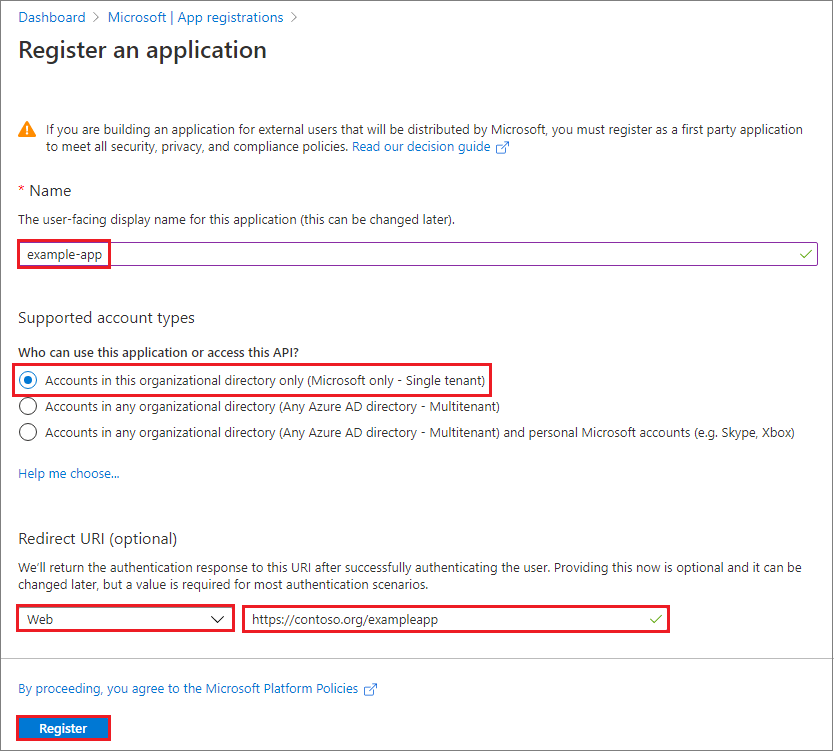 Screenshot showing how to create a new Azure AD registration for your Sitecore environment