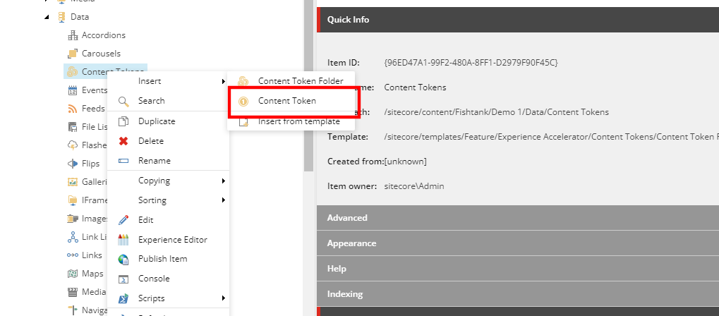 Inserting a new Content Tokens in the Sitecore SXA content tree
