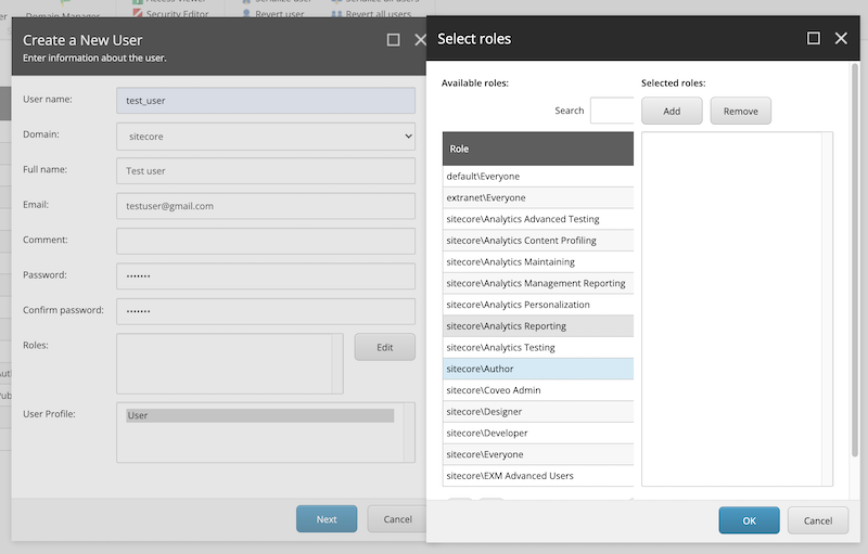 Select roles for a new user in Sitecore