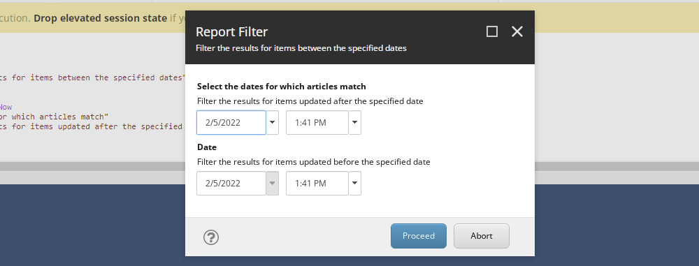 PowerShell report filter modal