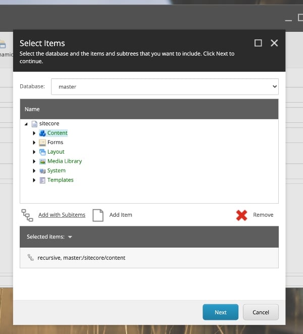 Select items from the Content Tree Menu when creating a package in Sitecore