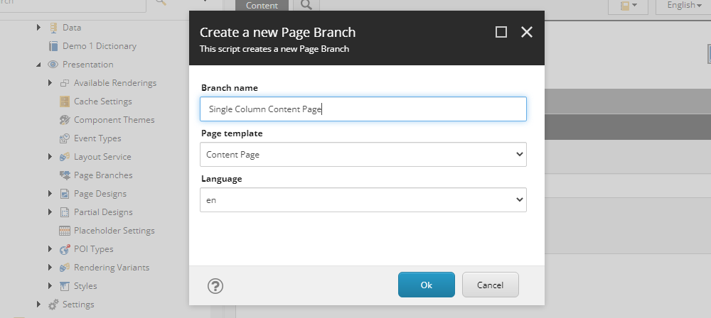 Configuring single column page branches in Sitecore SXA