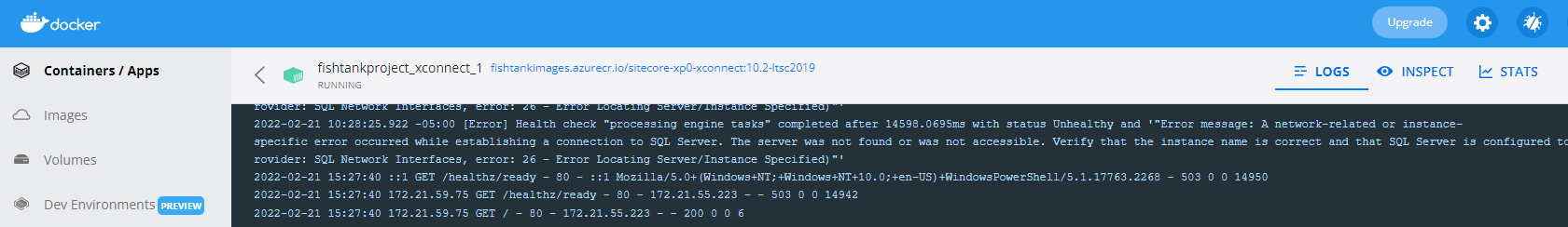 Screenshot of the Docker logs used diagnose errors