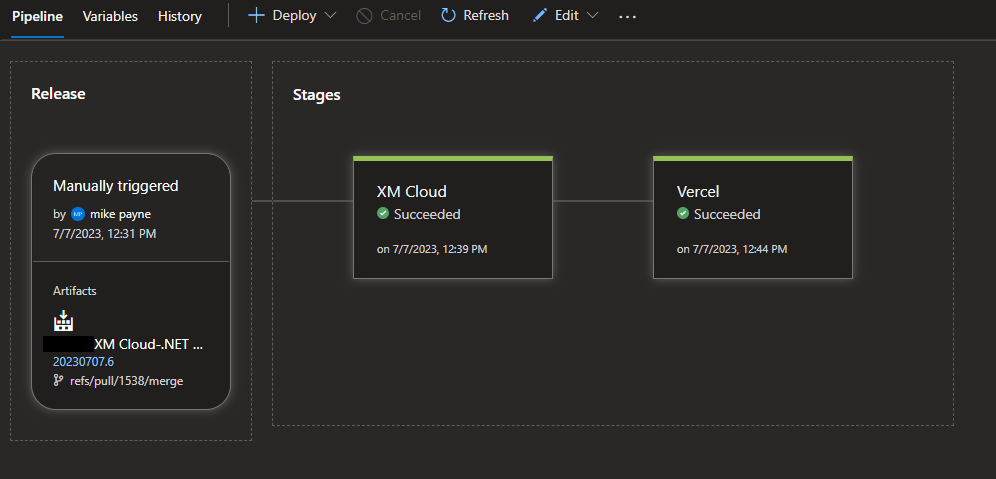 Screenshot of the DevOps release pipeline to deploy Sitecore XM Cloud