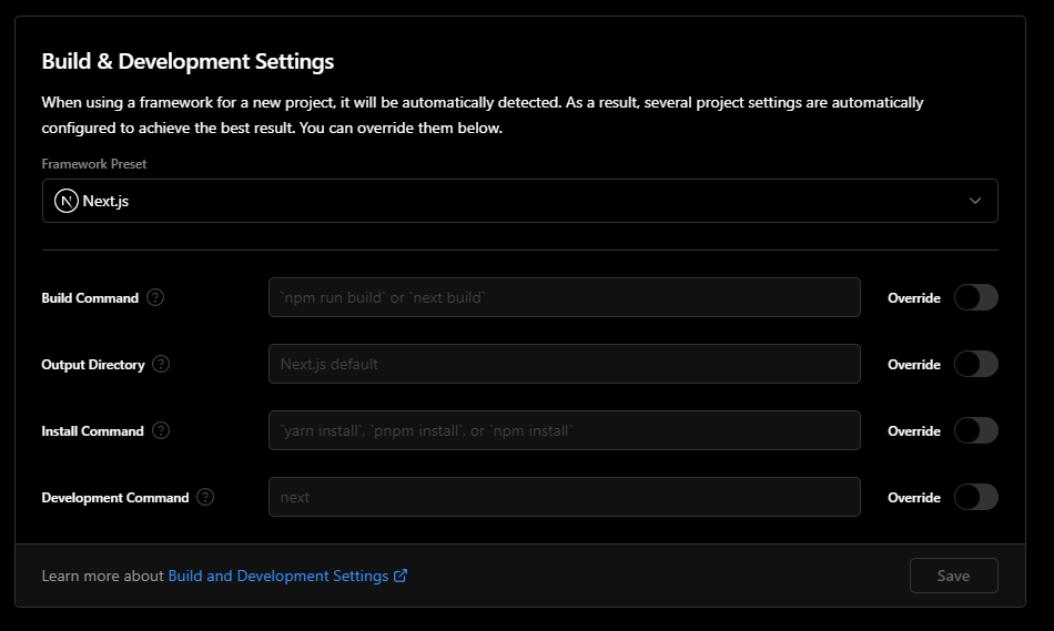 Screenshot of the Vercel Settings to deploy Sitecore XM Cloud