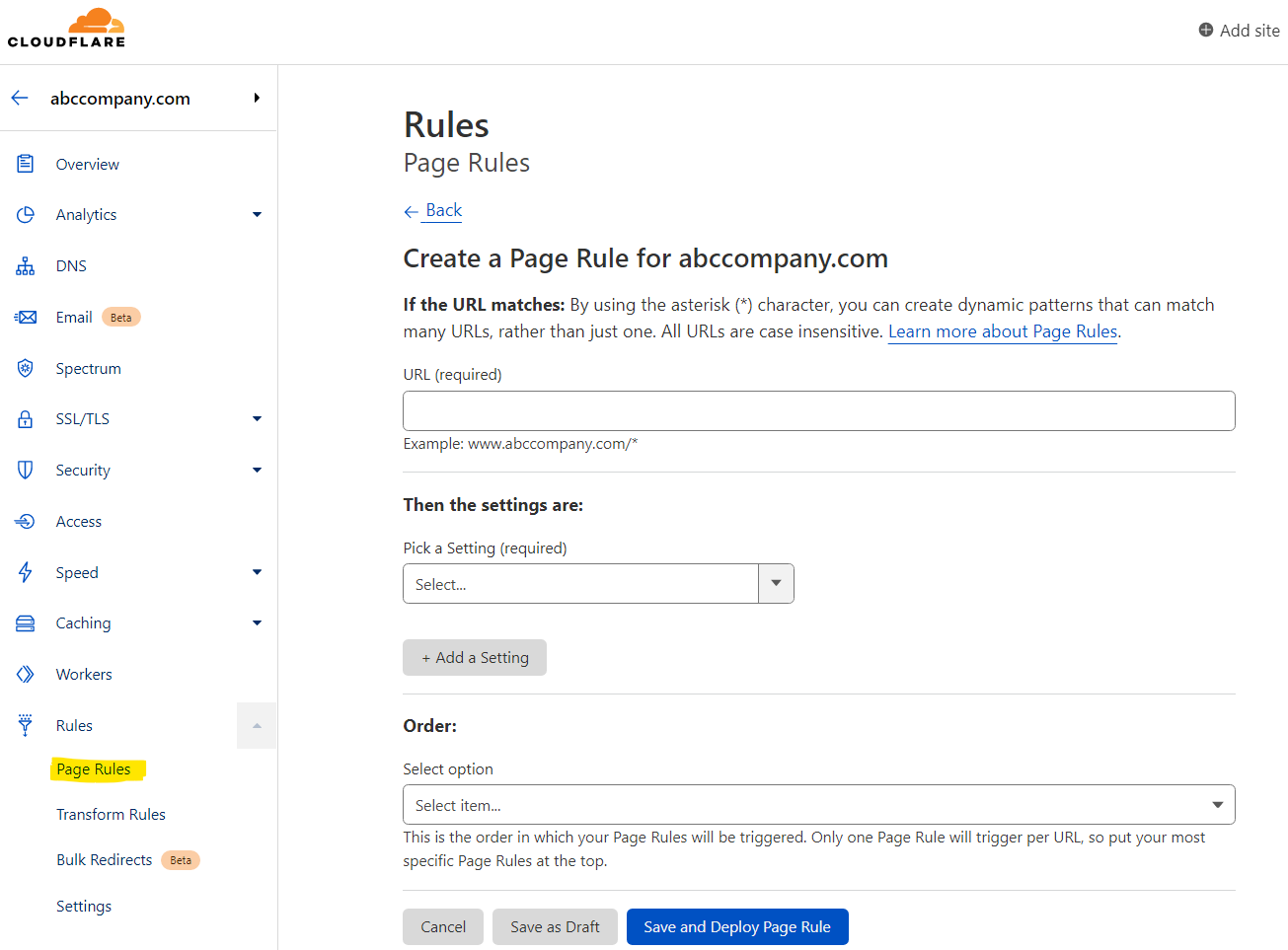 Cloudflare Creating a Page Rule in Page Rules.