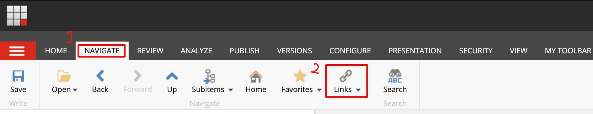 Links button in Sitecore Content Editor Navigate tab