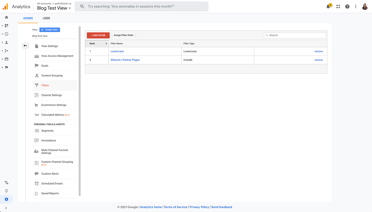 Screenshot of Google Analytics filter page with the lowercase and regex filters in order