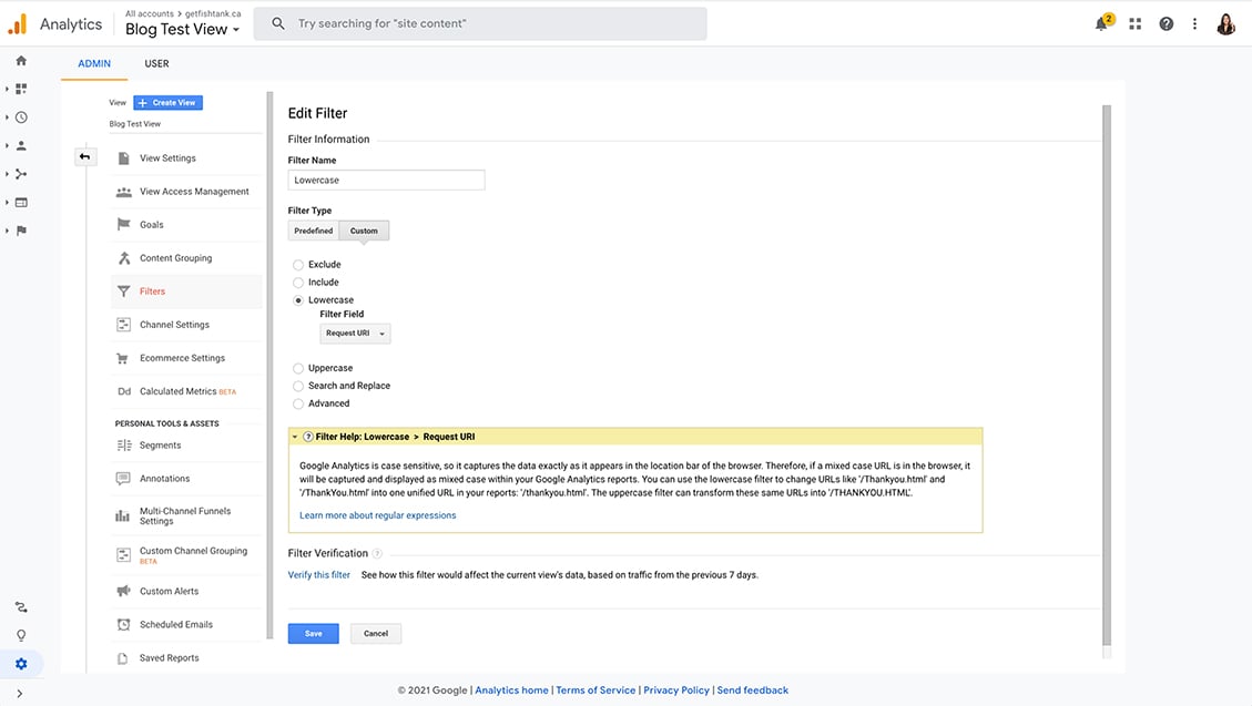 Screenshot of setting up a lowercase filter in Google Analytics