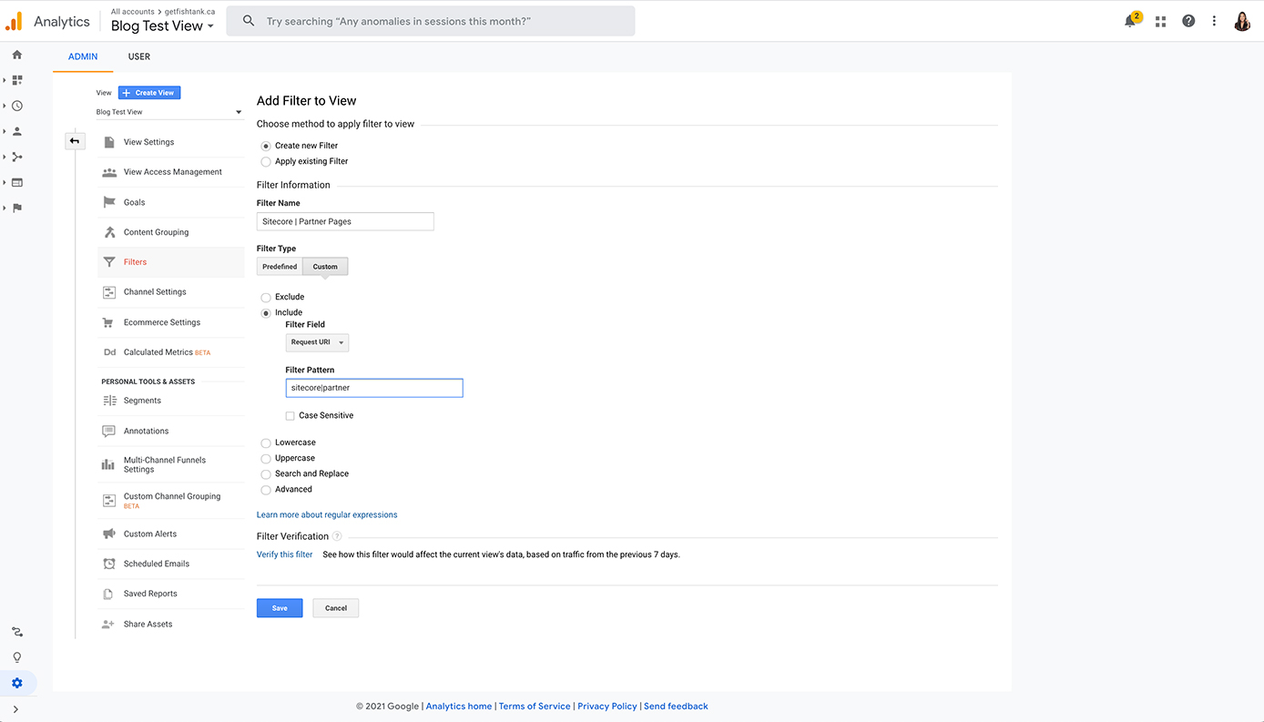 Screenshot of Google Analytics applying the regex sitecore|partner pattern to the view