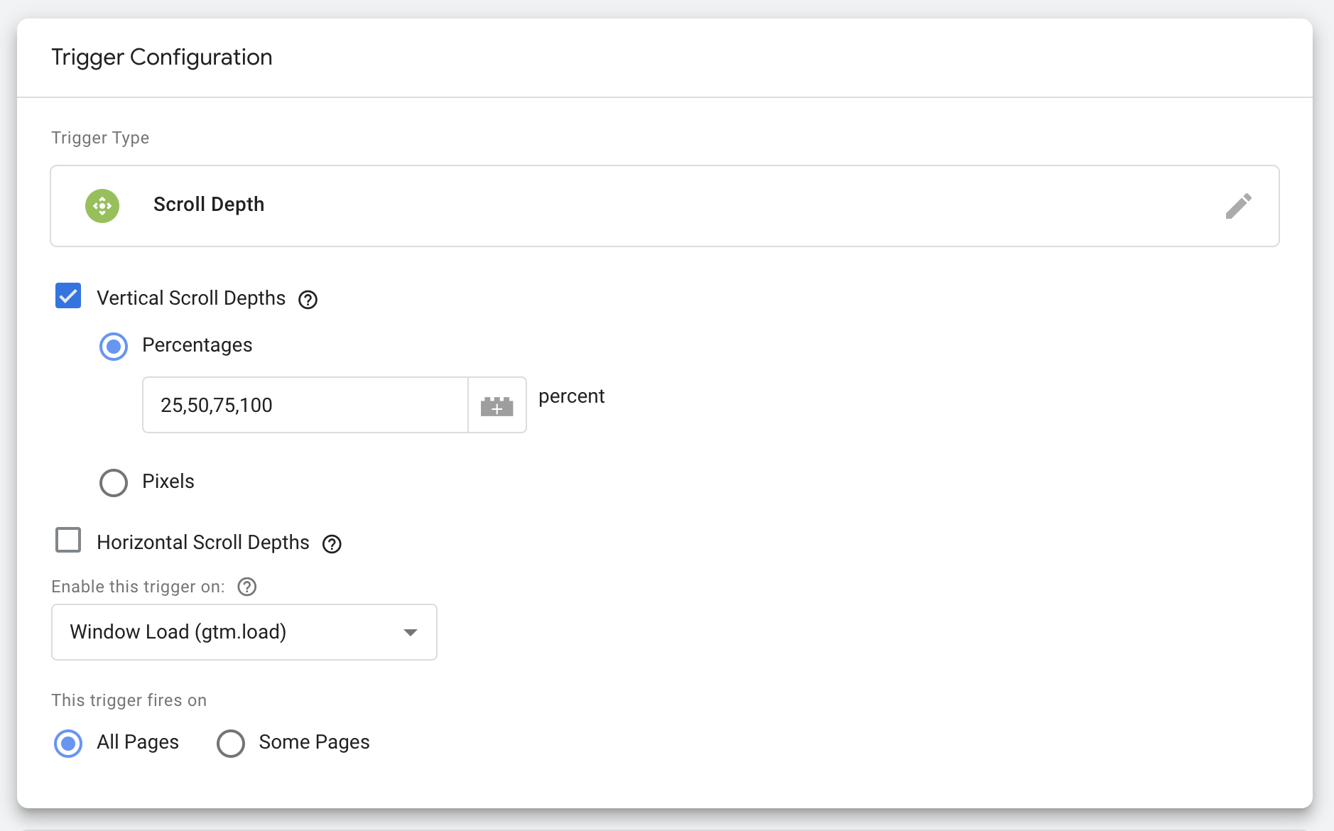 Configuring the custom scroll trigger in Google Tag Manager