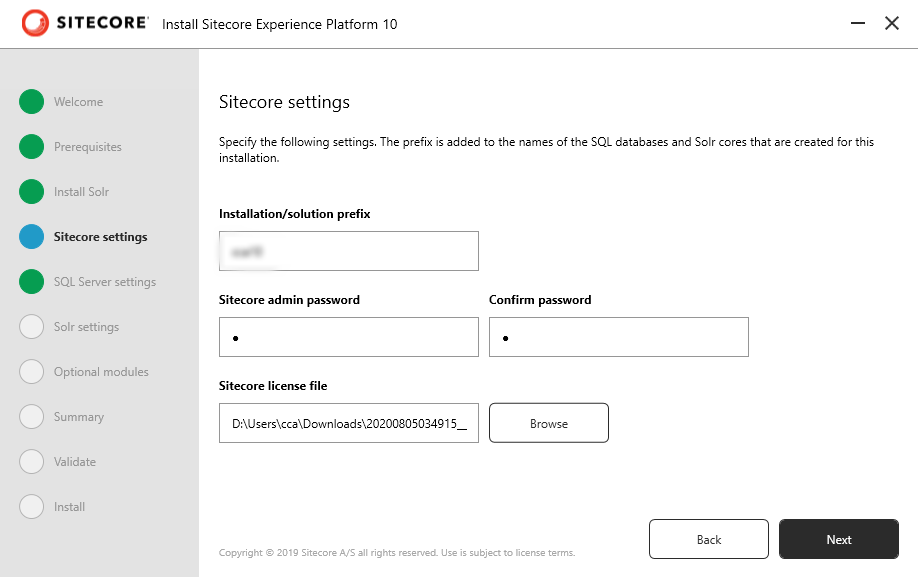 Enter the. admin password and provide a license file for the Sitecore Setting step of setting up Sitecore 10