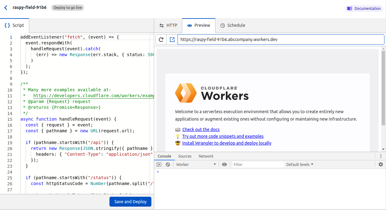 The default Workers setup in Cloudflare has code on the left and preview window and inspection tools on the right.
