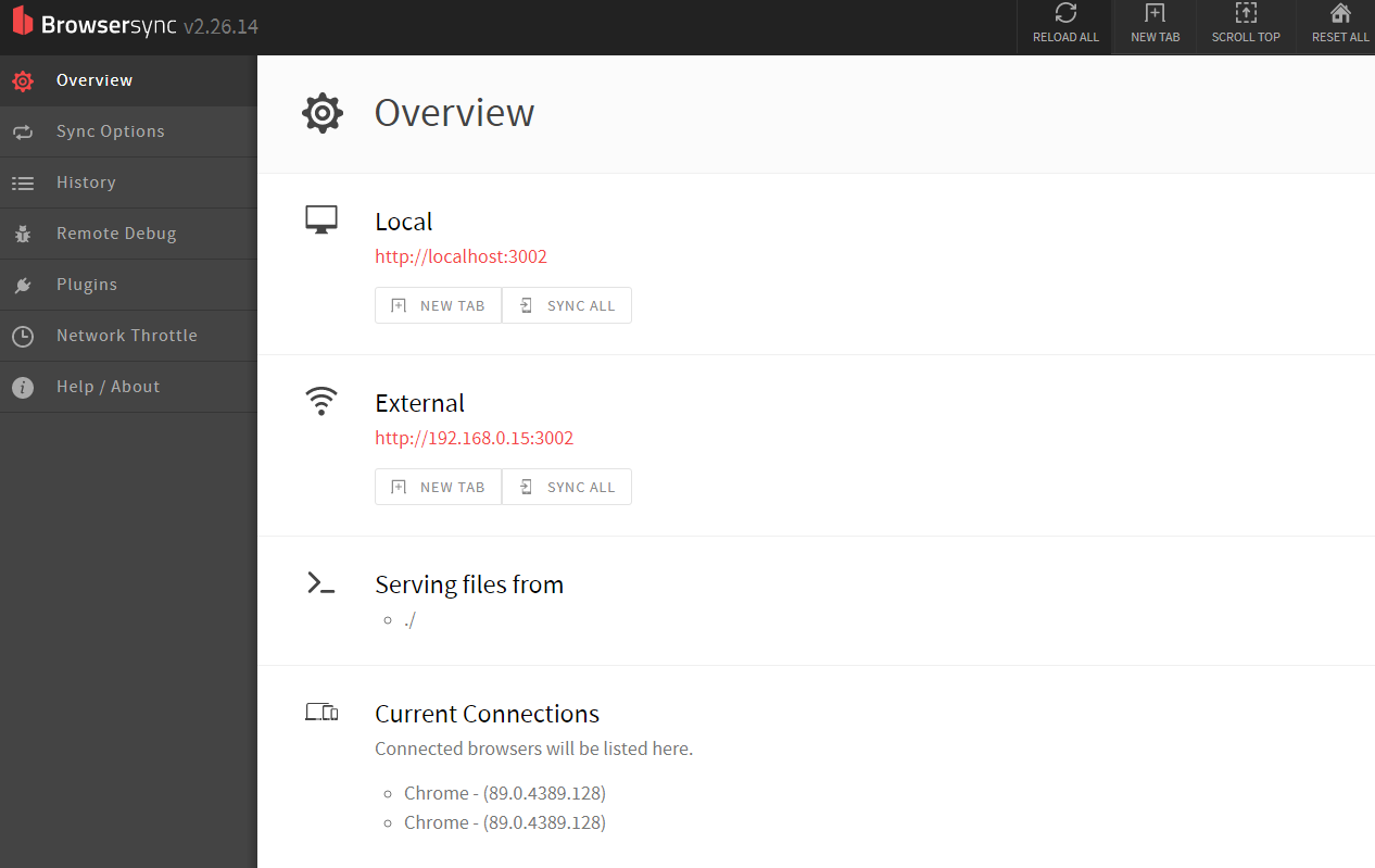 Screenshot of the Browsersync user interface