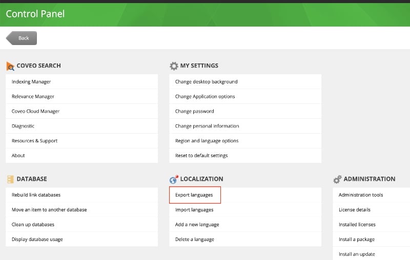Select Export Languages in the Localization Section of the Control Panel in Sitecore