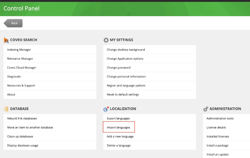 Select Import Languages in the Localization Section of the Control Panel in Sitecore