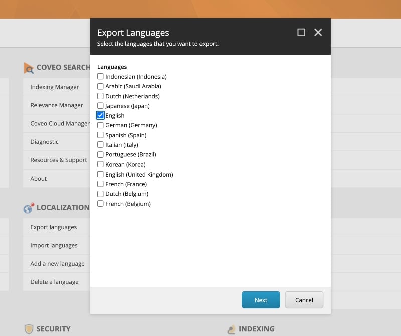 Screenshot of the Language Selection prompt for Export