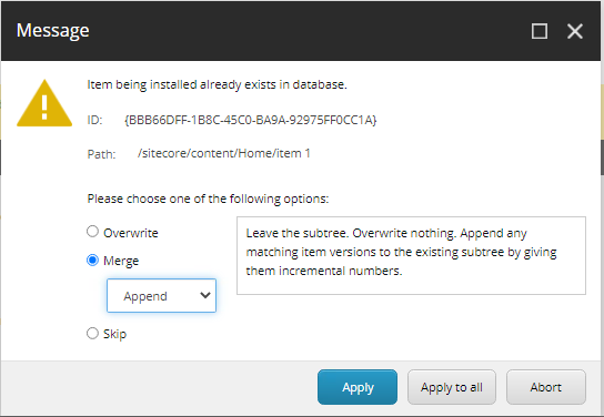 Example of a Sitecore message to perform the merge - appending any matching items