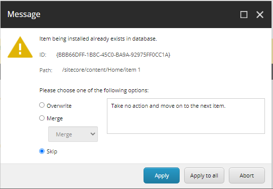 Example of a Sitecore message showing the skip option to install a package