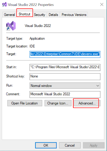 Screenshot of opening Visual Studio properties